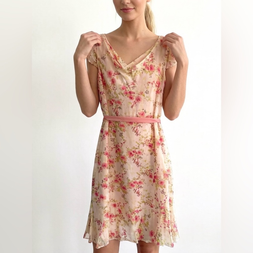 Ann Taylor 100% Silk Floral Midi Dress 🌸 Pink Belt Romantic Feminine Spring, 6P